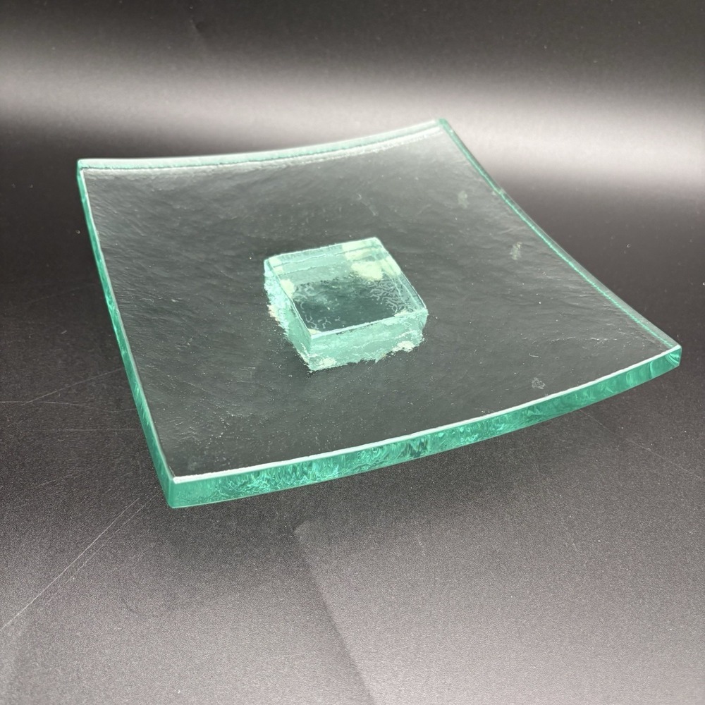 ANNIEGLASS Art‎ Green Glass 8" Square Slab Pedestal Signed Annieglass